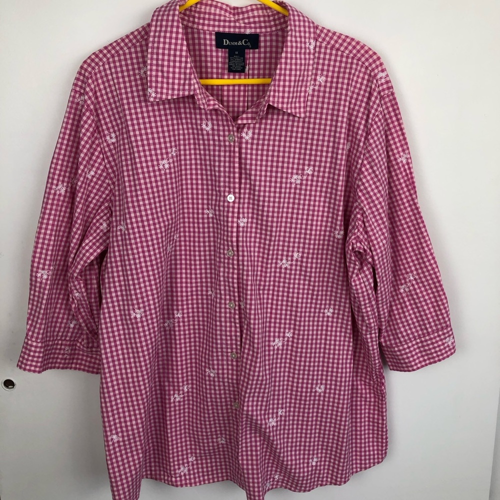 Denim&Co Pink and Yellow Gingham Shirts Lot of 2 Size 1X - Picture 2 of 12